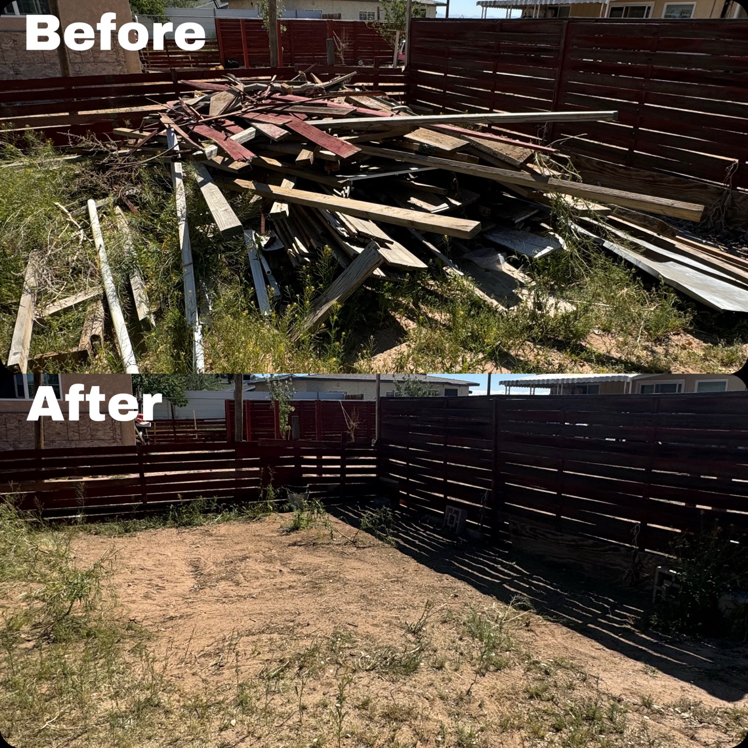 Before and after wood and debris cleanup by Roll N Haul
